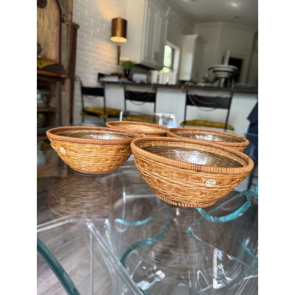 Set of 4 Vintage Rattan Wicker Snack Salad Bowls with Plastic Inserts Tiki Boho